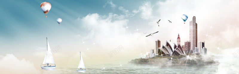 扬帆起航bannerpsd设计背景_新图网 https://ixintu.com 城市 大气 扬帆起航 氢气球 海报banner 海鸥 热气球 船舶