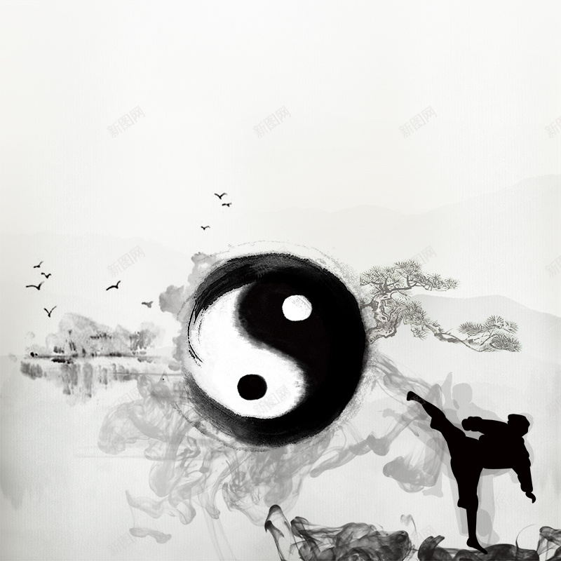 武术用品中国风水墨直通车jpg设计背景_新图网 https://ixintu.com 中国风 太极 太极水墨画 武功 武术用品 毛笔画 水墨 直通车 黑白