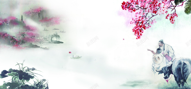 淘宝水墨中国风清明节海报背景psd设计背景_新图网 https://ixintu.com 中国风 国画牛 杏花村 水墨 水墨画 淘宝 清明节手抄报 清明节水墨花 清明节海报 骑牛的牧童