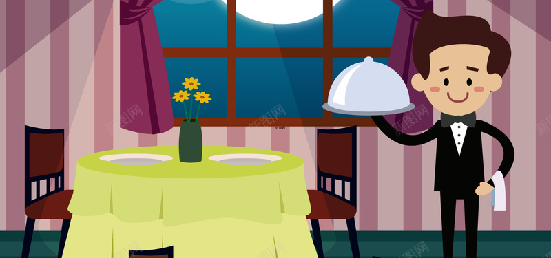 淘宝矢量卡通服务员早餐餐厅桌子窗户海报背景