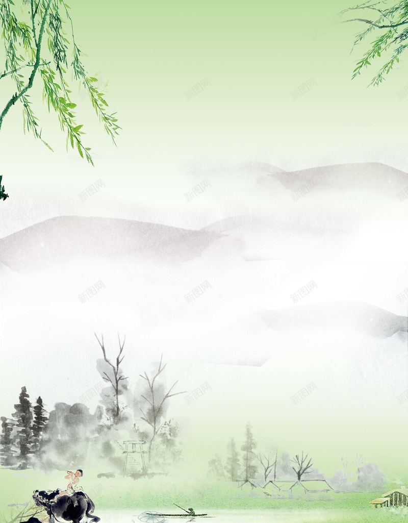 清明节牧童柳树广告背景psd设计背景_新图网 https://ixintu.com 放牛娃 柳树 水墨 清新 清明节 清明节图片 清明节宣传 清明节背景 牧童 绿色