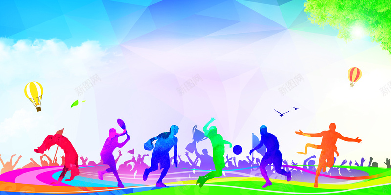 校园运动会宣传海报psd设计背景_新图网 https://ixintu.com 多彩 宣传海报 打球 校园 激情 热气球 绿色 跑步 跳一跳 跳远 跳高 运动 青春