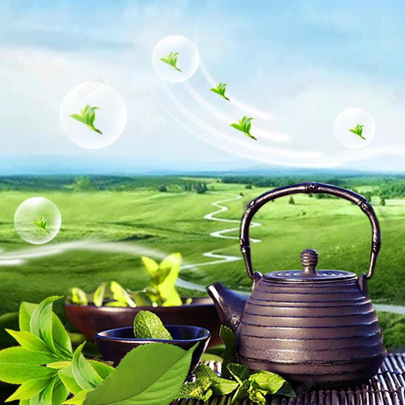 清新自然茶园茶具PSD分层主图背景psd设计背景_新图网 https://ixintu.com 主图 淘宝 清新背景 直通车 紫砂壶 绿叶 自然背景 茶 茶具 茶叶 茶壶 茶杯 透明气泡