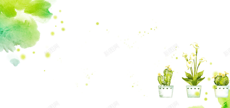 水彩图案与盆里的花卉背景psd设计背景_新图网 https://ixintu.com 仙人掌 仙人球 卡通 墨染 墨点 墨痕 墨迹 手绘 晕染 泼墨 海报banner 童趣 绿色 花卉 花朵 马蹄莲