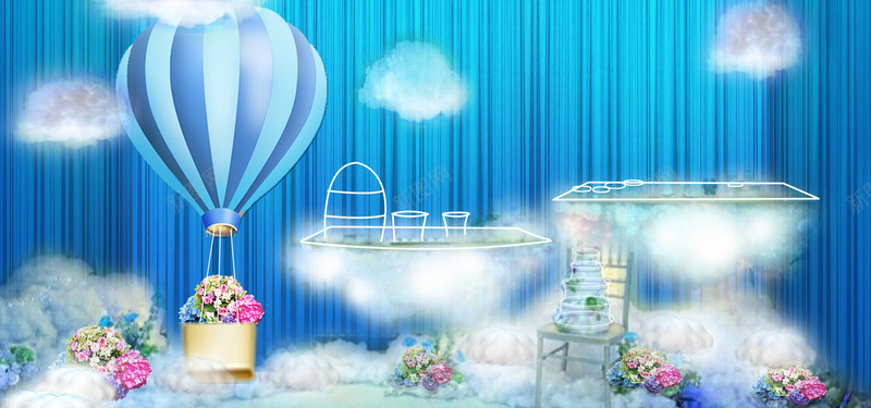 浪漫蓝色背景psd设计背景_新图网 https://ixintu.com 婚礼 婚礼纱幔 婚礼背景 婚礼迎宾区 效果图 梦幻 棉花 浪漫 海报banner 热气球 白云 迎宾区 迎宾区效果图