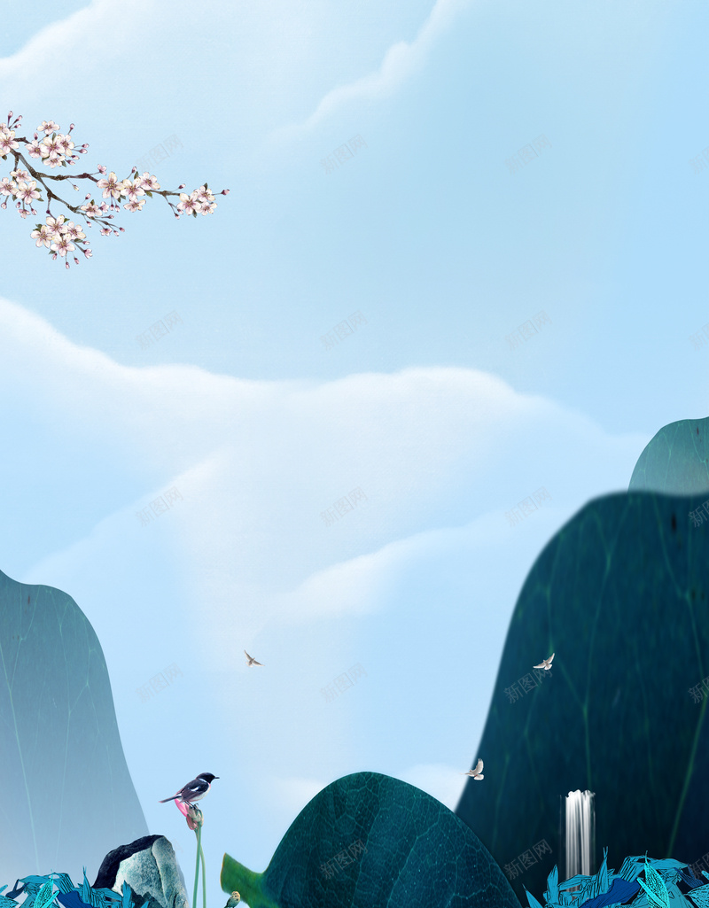 古风山水拼贴画背景psd设计背景_新图网 https://ixintu.com 中国风 古风 山水 手绘 梅花 蓝天 蓝色