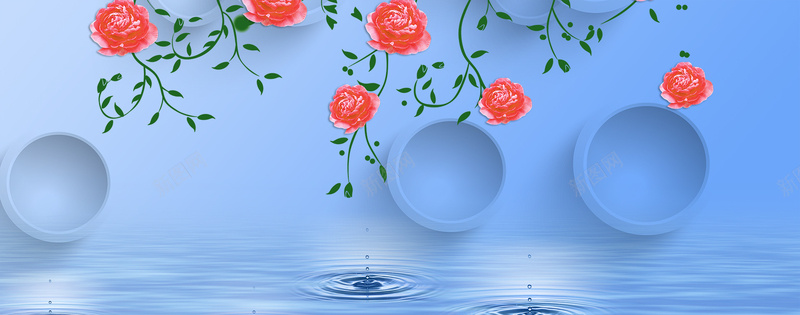 分层psd设计背景_新图网 https://ixintu.com 3D 3D立体玫瑰 圆圈 水滴 海报banner 玫瑰 立体 纹理 背景墙 蓝色 质感