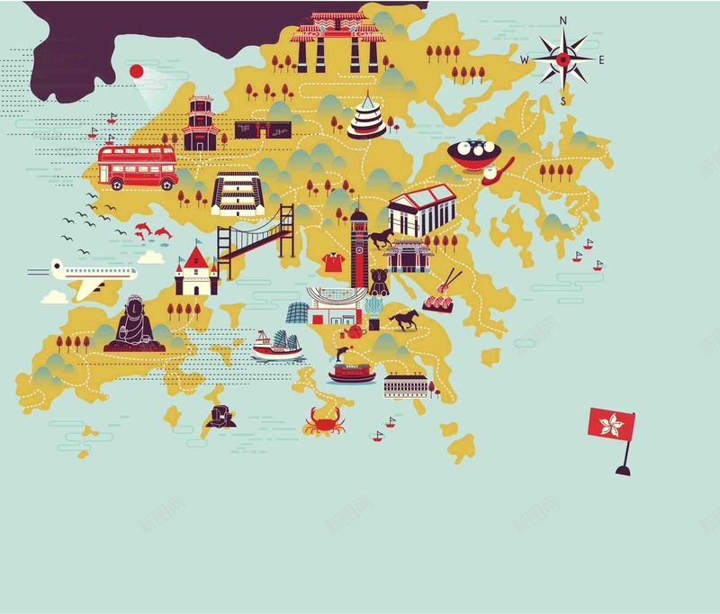 手绘矢量旅游香港景点地图蓝色海报背景ai设计背景_新图网 https://ixintu.com 中华人民共和国香港特别行政区 中国香港 中环 大佛 太平山 手绘 旅游 景点 矢量 矢量图 紫荆花 跑马 香港 香港地图 香港旅游 香港海报