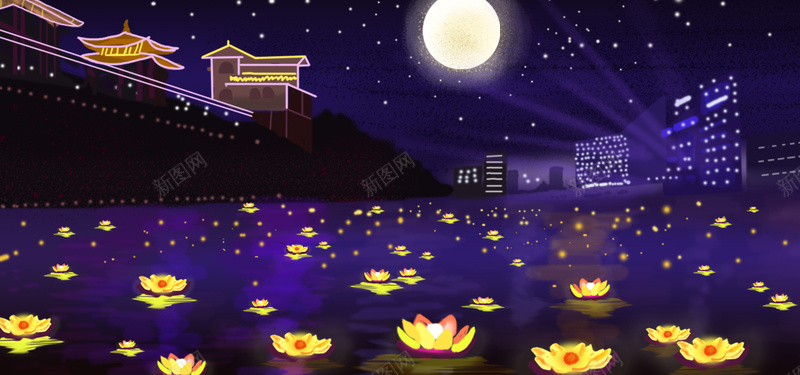 中元节夜晚放莲花灯祈福插画背景图片免费下载-素材0nvkjjwqp-新图网