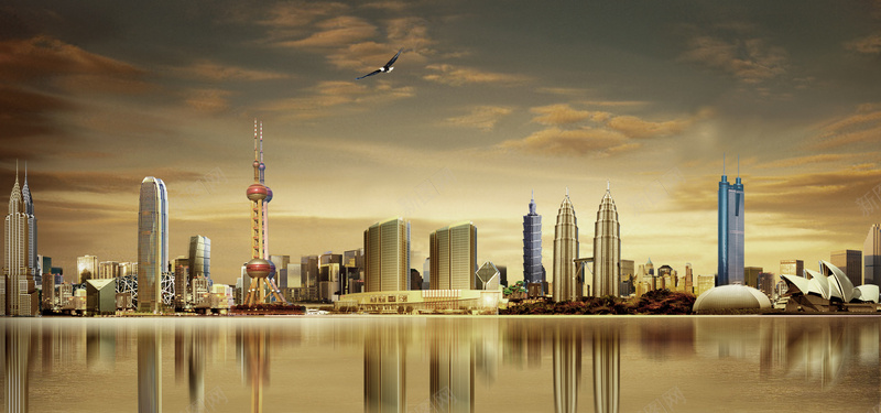 土黄色繁华都市湖面东方明珠海报bannerpsd设计背景_新图网 https://ixintu.com 东方明珠 中国风 土黄色 海报banner 湖面 繁华都市