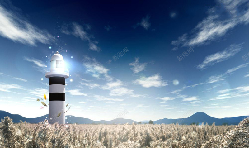 高粱地灯塔背景psd设计背景_新图网 https://ixintu.com 灯塔 灯塔风景 白云 蓝天 远景青山 高粱地