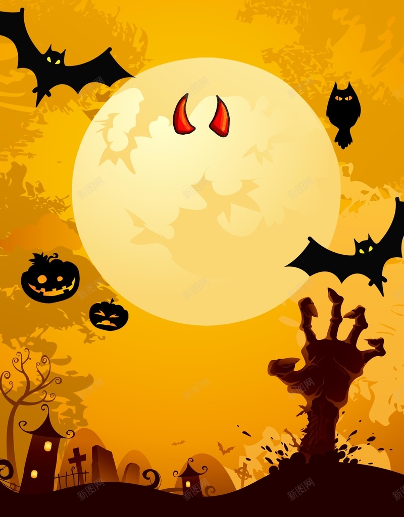 卡通万圣节古堡女巫psd设计背景_新图网 https://ixintu.com Halloween happy 万圣节 南瓜 卡通万圣节古 古堡 城堡 墓地 女巫 扁平 月亮 海报 蝙蝠 黑猫