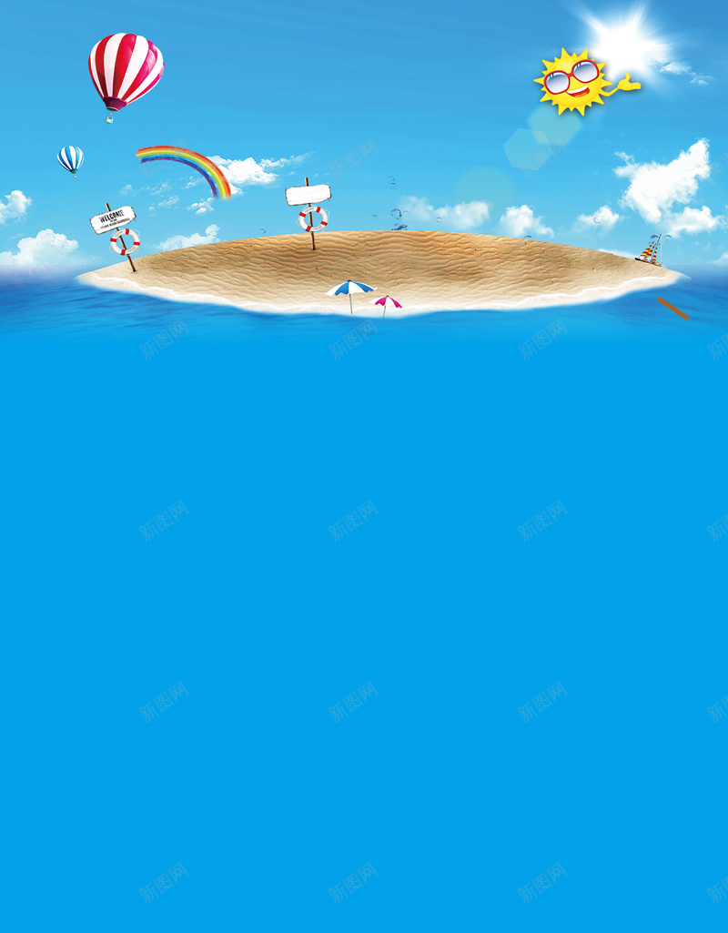 夏季清凉淘宝沙滩蓝色H5背景psd设计背景_新图网 https://ixintu.com H5背景 夏季 太阳 沙滩 海滩 淘宝 清凉 热气球 蓝色 风景