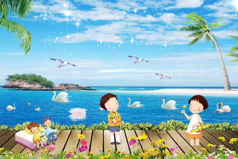儿童节自然风景草地海报背景psd设计背景_新图网 https://ixintu.com 书本 儿童节素材 大海 天鹅 女孩 小孩 岛屿 心 椰树 沙滩 男孩 自然风景 草地 莲花 蓝天白云