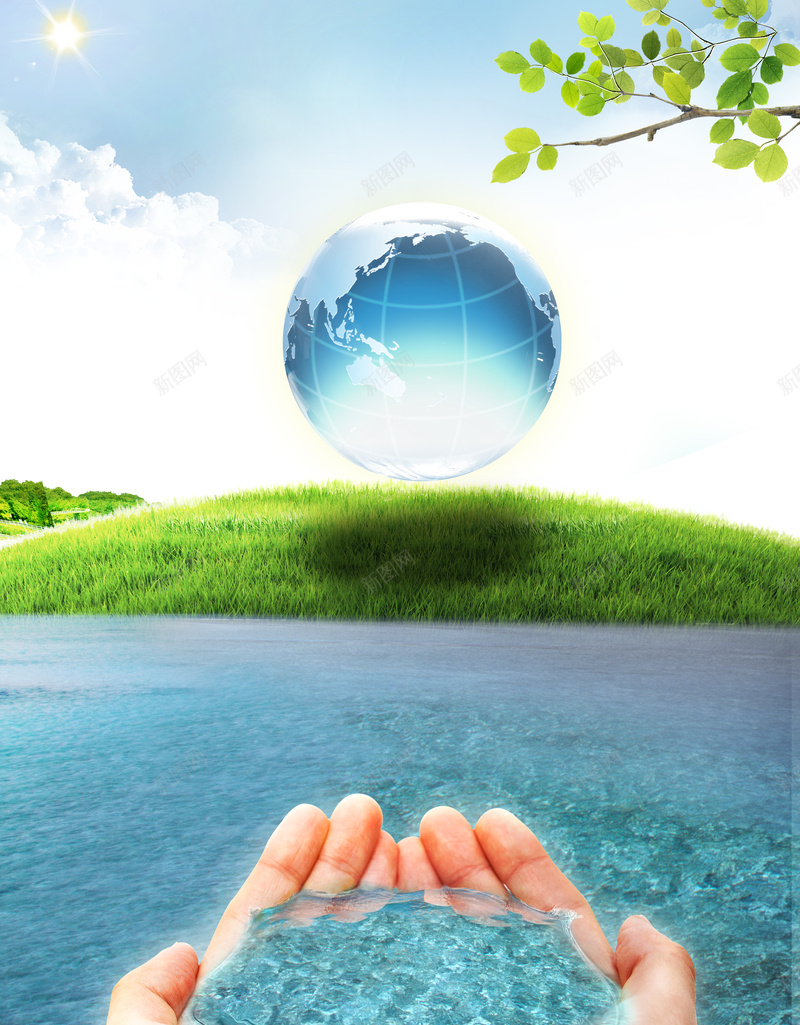 蓝色地球海水背景psd设计背景_新图网 https://ixintu.com 保护 公益 地球 干净 平静 手捧水 树叶 海水 清澈 环保 环境 绿地 背景素材 草地 蓝色
