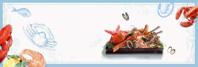 海鲜手绘几何蓝色bannerpsd设计背景_新图网 https://ixintu.com 大海 海产品 海味 海浪 海鲜大餐 海鲜海报 海鲜自助海报 美味海鲜海报 螃蟹 贝壳 贝类海鲜 鱼
