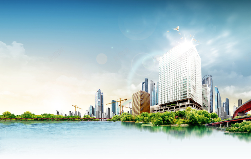 现代城市建筑PSD分层背景图psd设计背景_新图网 https://ixintu.com 光点 商务 塔吊 工地 工地塔吊 建筑群 树木 桥梁 植物 海水 海洋 湖水 白鸽开心 科幻 科技 航吊