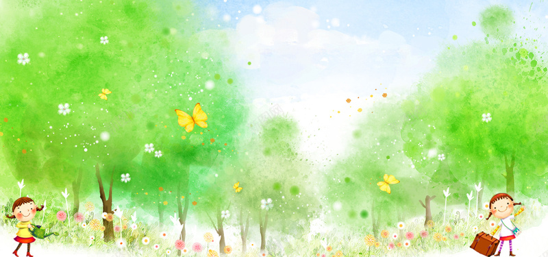 儿童节促销海报背景psd高清背景_新图网 https://ixintu.com 61儿童节 六一促销 卡通 小清新 手绘 水彩 简约 绿树 蓝天白云 蝴蝶