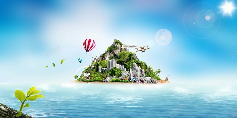 唯美蓝天海岛别墅地产旅游海报背景模板psd设计背景_新图网 https://ixintu.com 光点 别墅 唯美 地产 地产海报 旅游海报 气球 海岛 海报模板 白云 背景模板 蓝天