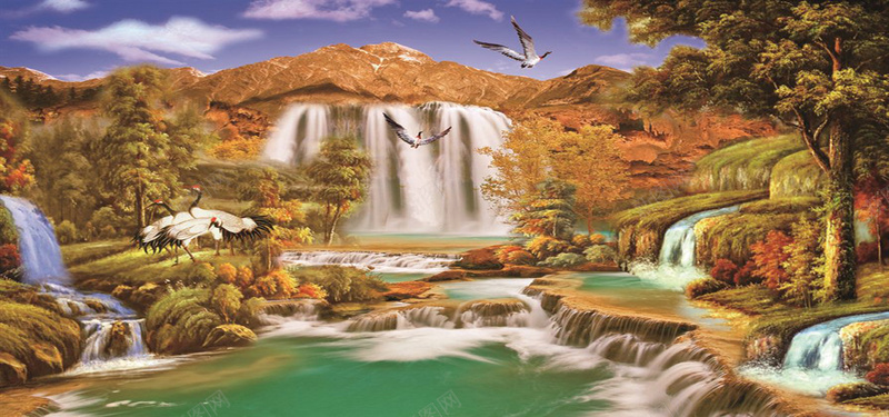 唯美山水风景油画jpg设计背景_新图网 https://ixintu.com 仙鹤 唯美 小溪流 山水画 油画 海报banner 瀑布 白云 石头 绿树 蓝天