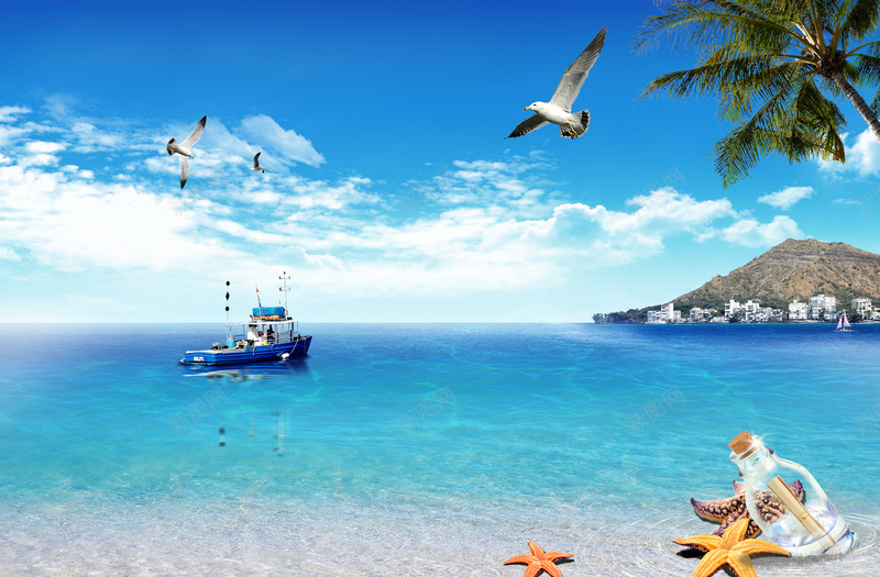 夏季促销海报背景psd设计背景_新图网 https://ixintu.com 促销海报 包装设计 夏季海报 大海 天空水面 沙滩 海岸 海面 游轮 蓝天白云 蓝色 轮船 阳光 鸟