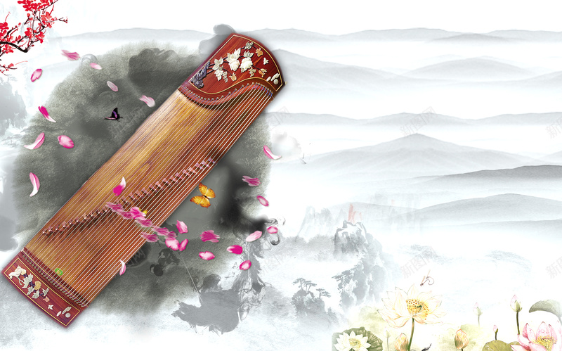 中国风水墨画古筝背景psd设计背景_新图网 https://ixintu.com 中国风 中国风素 古典 古筝 山水 水墨 水墨中国风 水墨中国风素材 灰色 风景