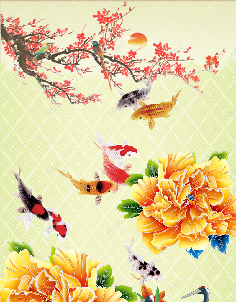 中国风花鸟国画图背景psd设计背景_新图网 https://ixintu.com 中国风书法 丹顶鹤 年年有余 梅花 牡丹 绘画 花卉 花鸟画 荷叶 荷花 装饰画 锦鲤 鲤鱼
