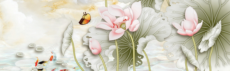 中国风工笔荷花psd设计背景_新图网 https://ixintu.com 中国风 工笔 海报banner 荷叶 荷花 蝴蝶