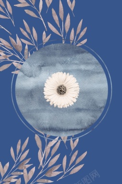深蓝海洋静谧日系纯色水彩花环植物浪漫广告背景