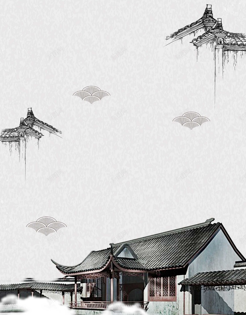 中国风传统黑白色山水风景广告psd设计背景_新图网 https://ixintu.com psd分层 中国文化 中国风 乡村风景 乡镇 传统屋檐 传统文化 复古 山水风景 广告设计 旅游 旅行 景点 水墨 水彩 海报 源文件