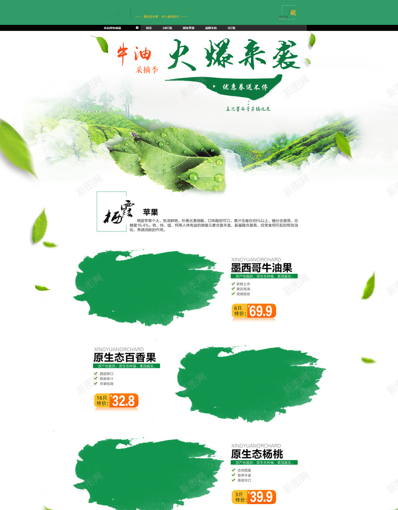 绿色生鲜水果店铺首页背景psd设计背景_新图网 https://ixintu.com 原生态 水果背景 火爆来袭 生鲜水果 绿色背景 落叶 食品背景