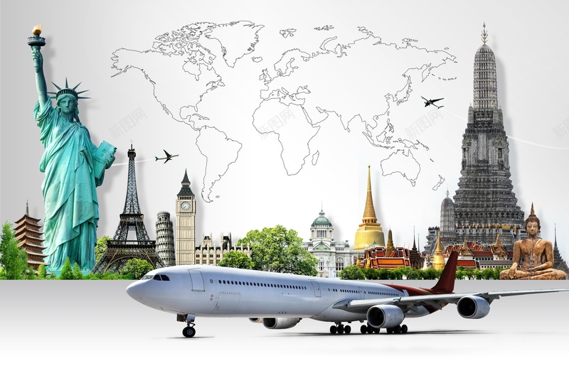 世界地图与国际旅游景点背景jpg设计背景_新图网 https://ixintu.com 名胜古迹 地图 地图与旅游景点图片下载 地图与旅游景点模板下载 建 旅游 景点 树 自由女神像 飞机