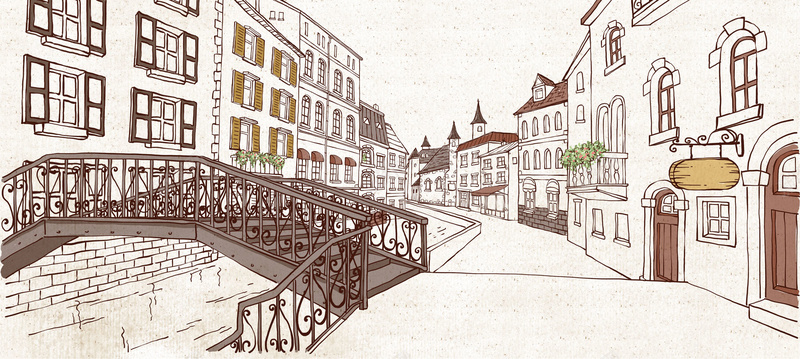 插画背景psd设计背景_新图网 https://ixintu.com 卡通 城市插画 手绘 桥 海报banner 童趣 街道