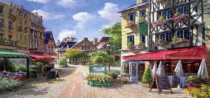 油画小镇jpg设计背景_新图网 https://ixintu.com 卡通 商店 小睡 小镇 建筑 手绘 手绘画 树木 油画 海报banner 白云 童趣 花草 蓝天
