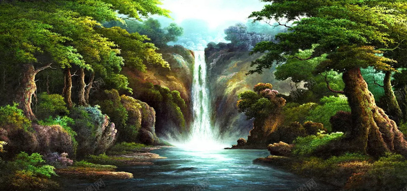 山水油画风景jpg设计背景_新图网 https://ixintu.com 卡通 山水画 手绘 树林 河流 油画 海报banner 瀑布 童趣 风景画