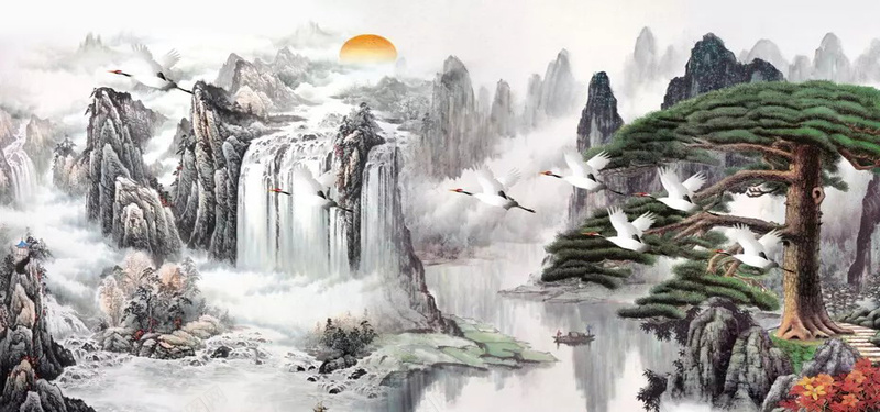 水墨风景画jpg设计背景_新图网 https://ixintu.com 中国风 仙鹤 古风船 山峰 山水画 松树 水墨画 海报banner 瀑布 船 落日