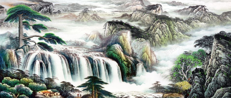 山水风景画jpg设计背景_新图网 https://ixintu.com 中国风 农家 国画 山 山水 松树 河流 海报banner 迷雾 风景
