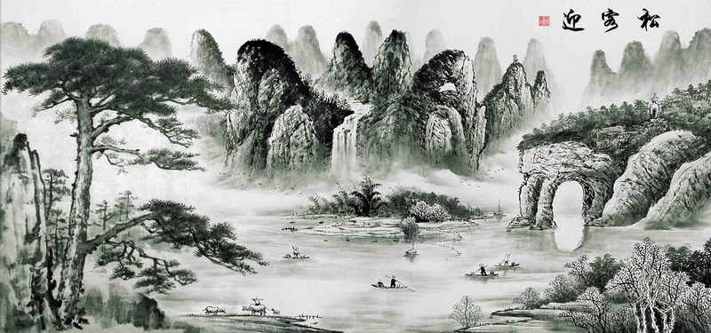 淘宝海报背景jpg设计背景_新图网 https://ixintu.com 中国风 小船 山水画 摄影 海报banner 瀑布 迎客松 风景 高山