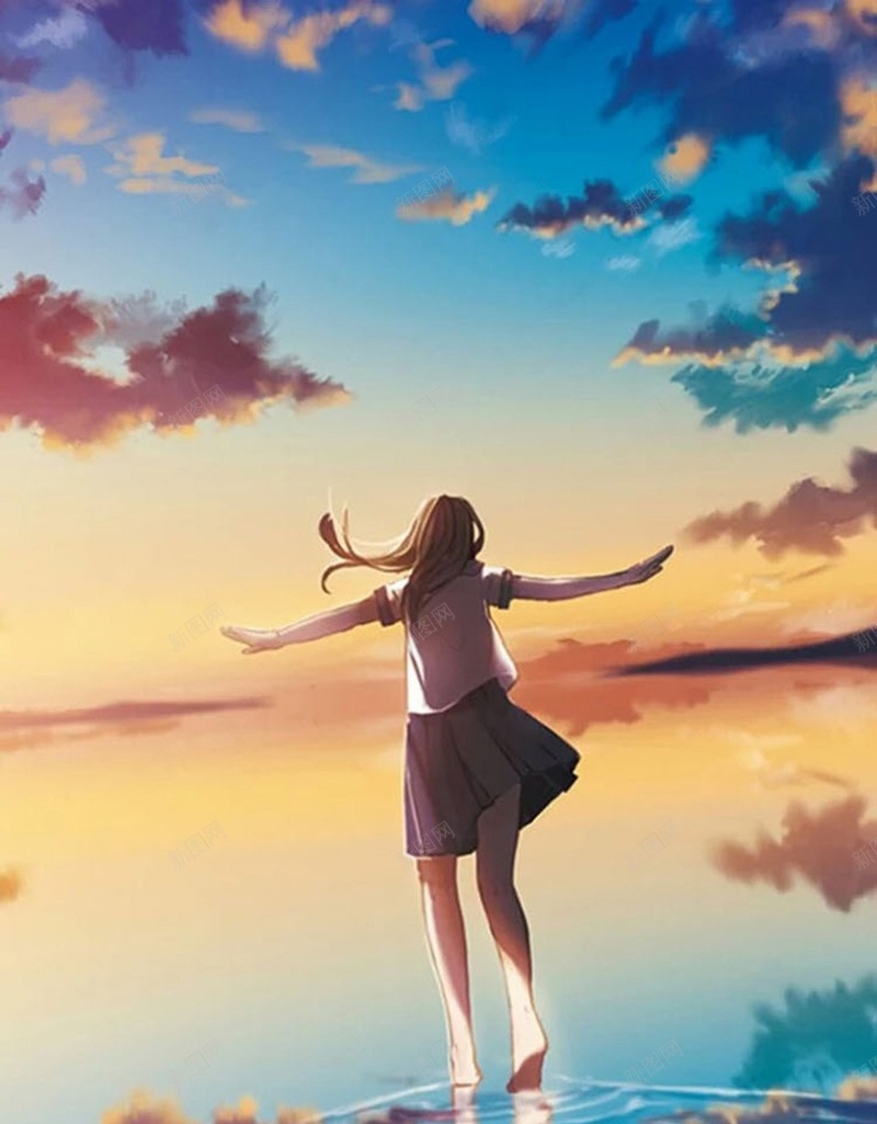 黄昏海边少女背影H5背景jpg设计背景_新图网 https://ixintu.com H5 H5背景 h5 少女 彩色 晚霞 校服 毕业季 青春 黄昏