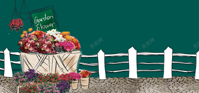 鲜花卡通绿色bannerpsd设计背景_新图网 https://ixintu.com banner 促销 卡通 手绘 折扣 栅栏 礼物 绿色 节日 花店 花车 鲜花