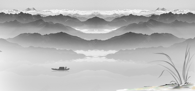水墨群山海报bannerjpg设计背景_新图网 https://ixintu.com 中国风 企业文化海报 古风船 水墨画 水墨群山海报banner 水彩山 海报banner 湖泊 群山 船 高山