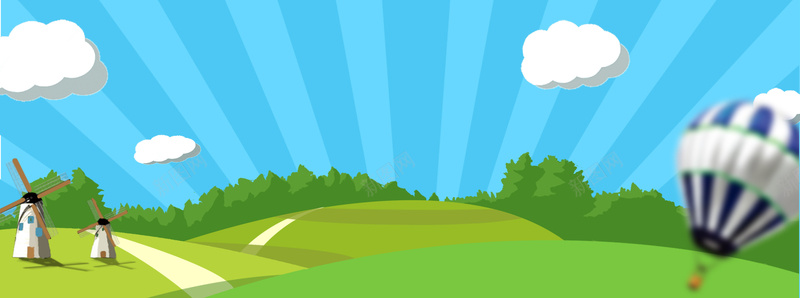 旅游出行psd设计背景_新图网 https://ixintu.com 卡通 手绘 海报banner 热气球 童趣 草地 风景 风车