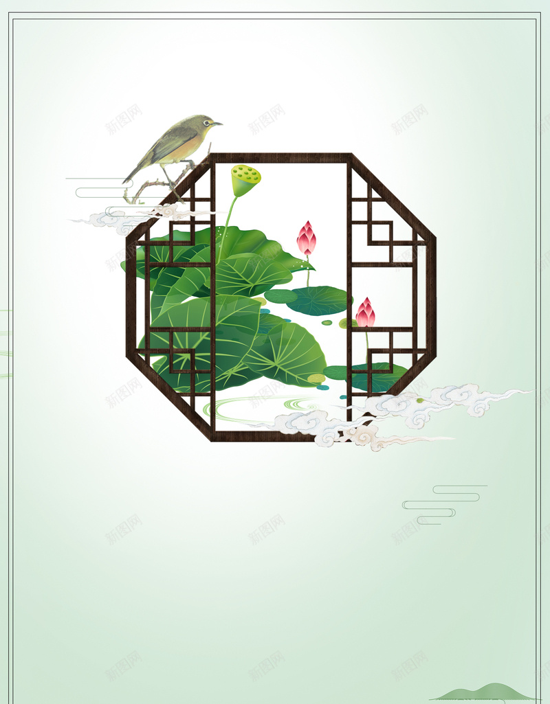 绿色中国风二十四节气立夏海报psd设计背景_新图网 https://ixintu.com 二十四节气海报 夏 夏天 夏季 窗 立夏海报 立夏节气 荷叶 荷花 边框