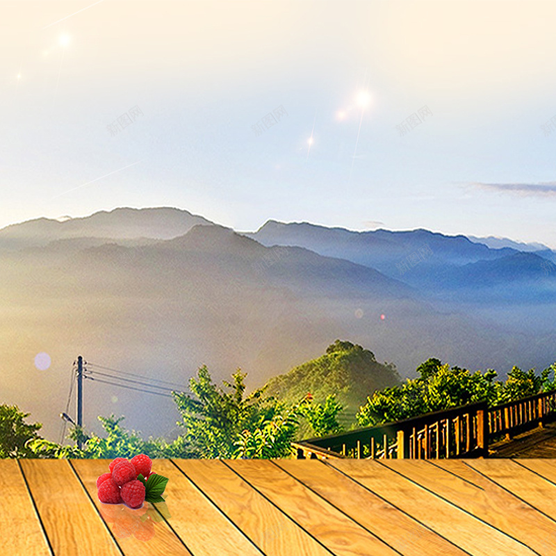 木地板观景台psd_新图网 https://ixintu.com 主图 摄影 朦胧山脉 木地板 电线杆 观景台 风景