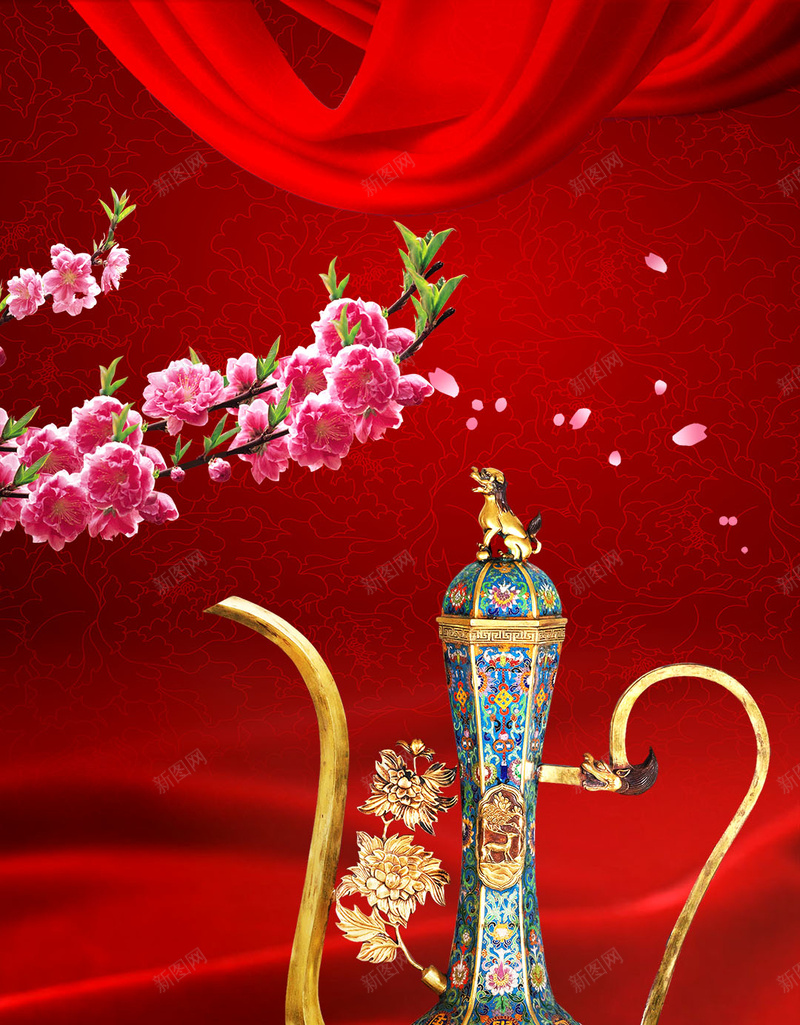 优雅喜庆花纹纹理H5背景psd设计背景_新图网 https://ixintu.com H5 h5 优雅 喜庆 红带 红色 纹理 花卉 花瓶 花纹 质感