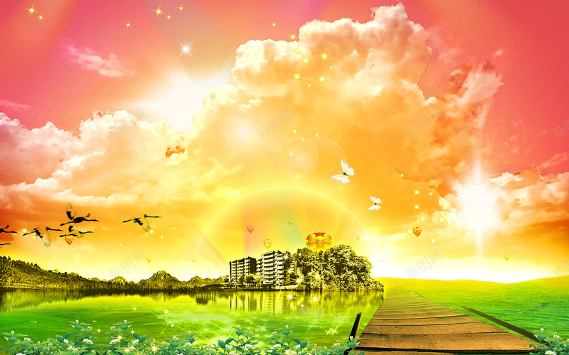 水天一色风景psd设计背景_新图网 https://ixintu.com 云彩 天空 朝阳 水天一色 湖水 红色