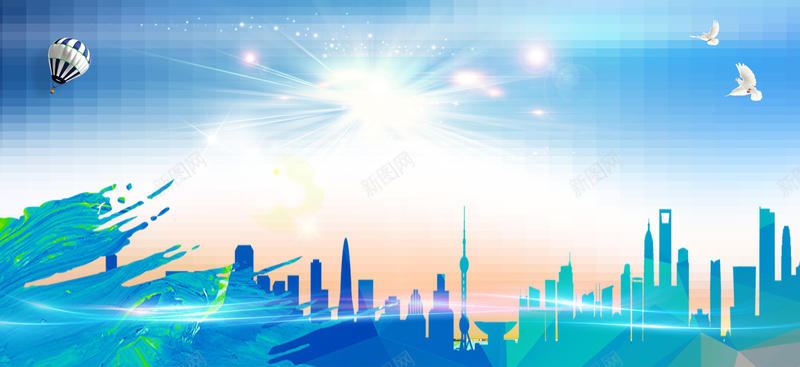 蓝色地产招商PSD分层bannerpsd设计背景_新图网 https://ixintu.com 启动 启动仪式 地产公司 地产奠基仪式 城市背景 工程开工仪式 招商启动 背景展板PSD分层