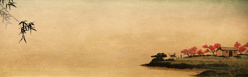 复古海报baneerpsd设计背景_新图网 https://ixintu.com 中国风 复古 复古背景 彩墨 房子 水墨 竹叶 纹理 花