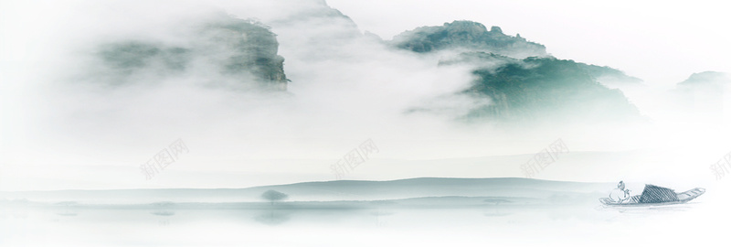 中国风大气海报bannerjpg设计背景_新图网 https://ixintu.com banner 中国风 云雾缭绕 大气 小船 山河 海报 灰色