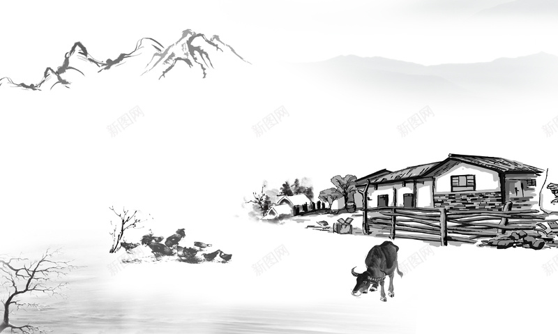 山水田园背景jpg设计背景_新图网 https://ixintu.com 农居 安静 幸福 水墨 牛耕田 耕牛 背景 远山